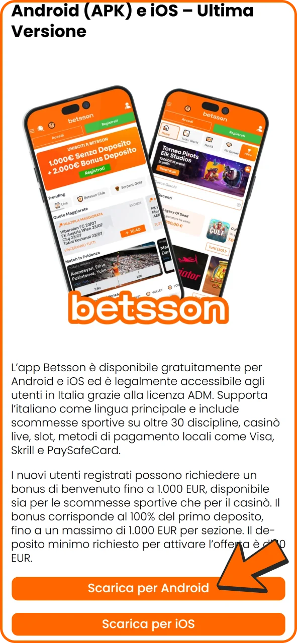 Clicca su questo pulsante per scaricare l'app Betsson per Android.