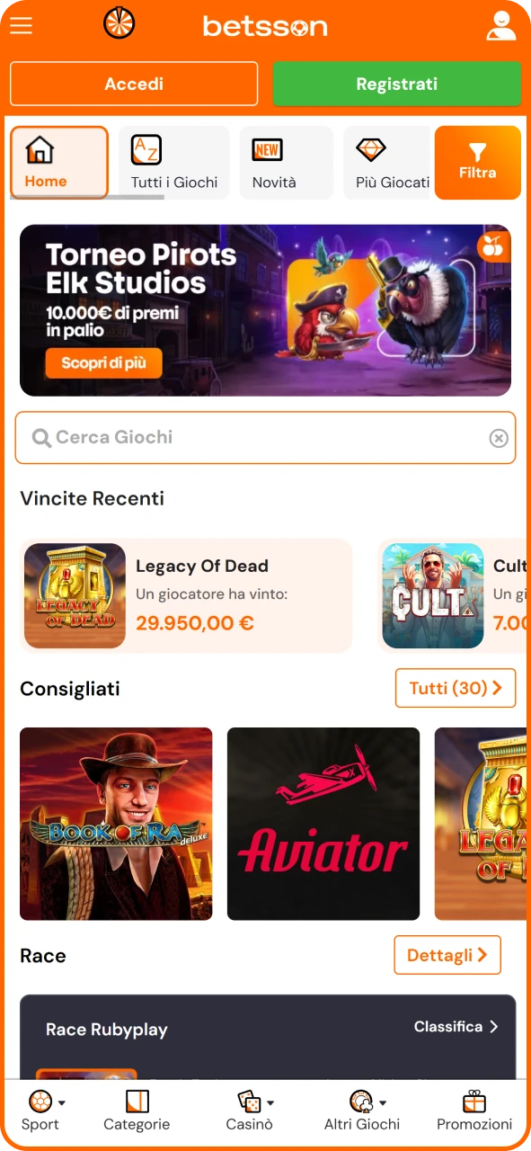 Prova diversi giochi da casinò sull'app di Betsson.