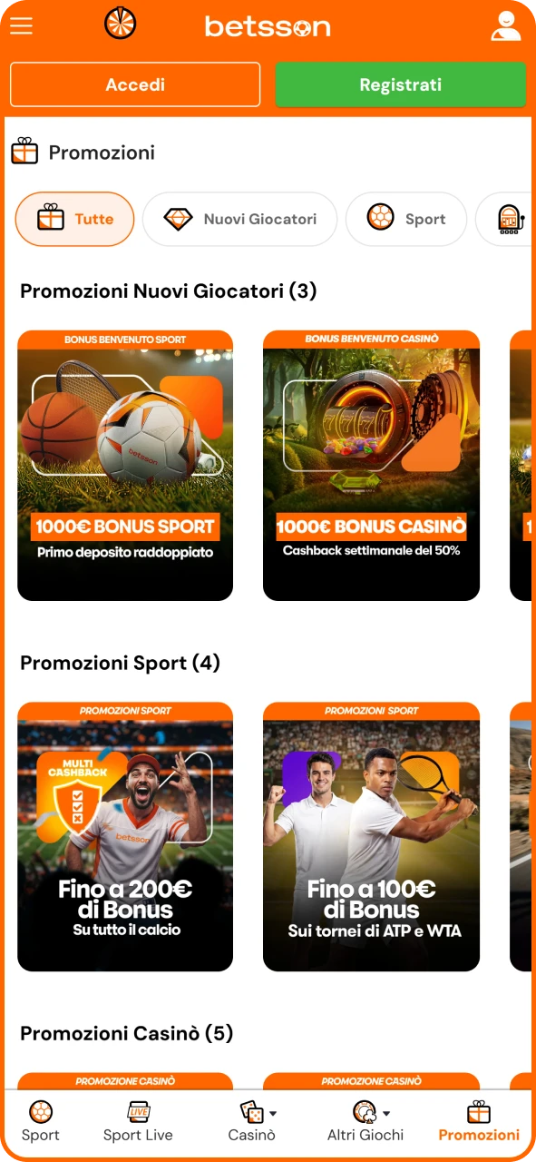 Consulta gli ultimi bonus sulla pagina delle promozioni dell'app Betsson.