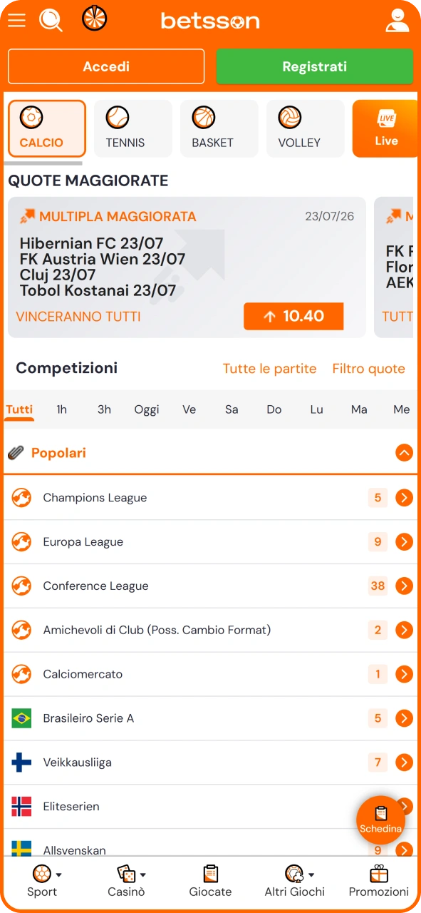 Segui le tue squadre sportive preferite con le scommesse tramite l'app Betsson.