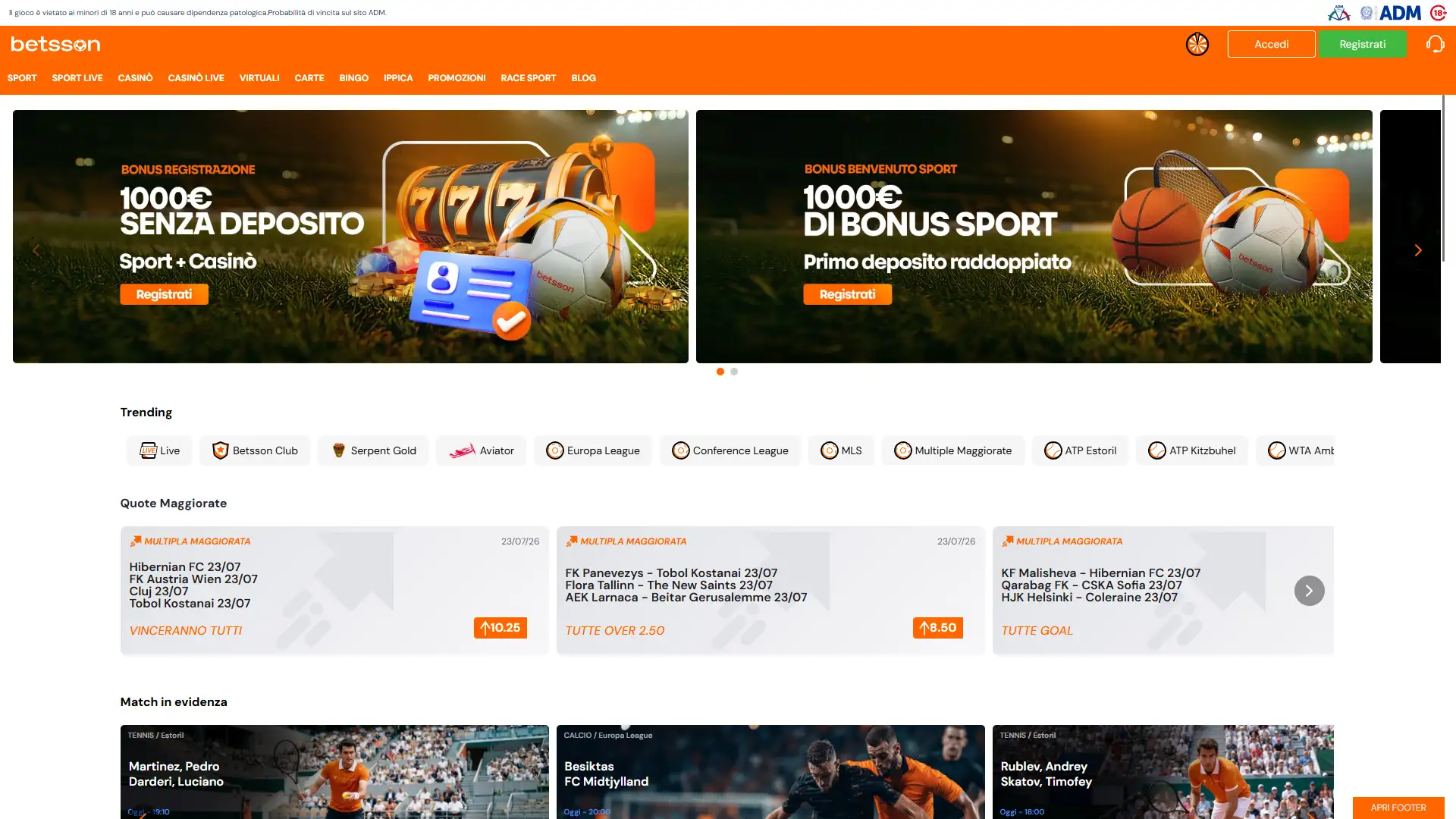 Visita la pagina principale di Betsson per scoprire gli ultimi giochi e bonus.