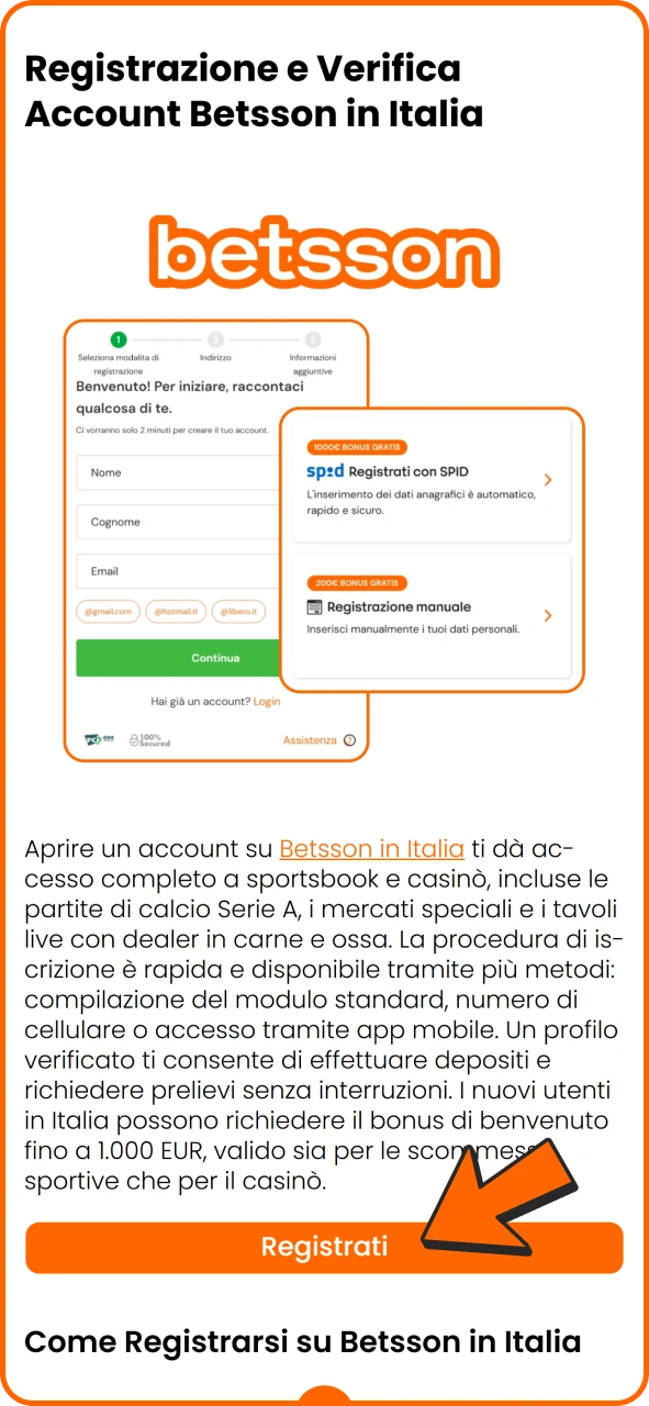 Clicca sul pulsante in questa pagina per iscriverti al casinò Betsson.