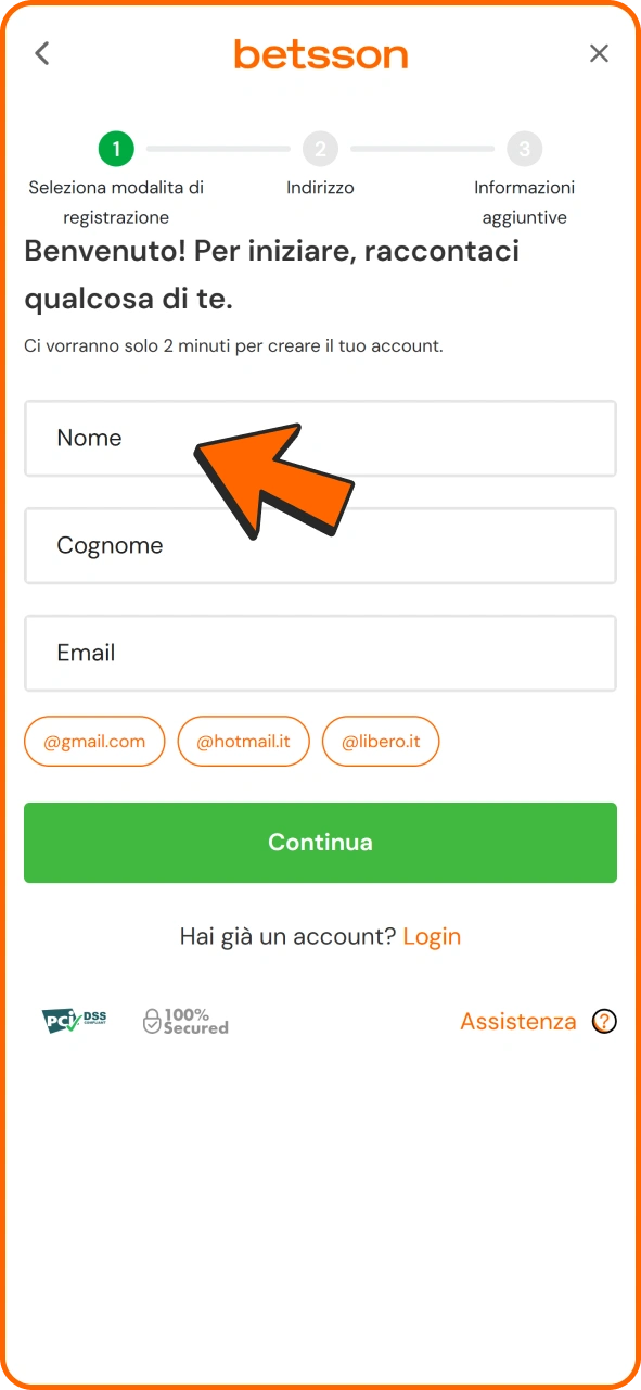 Inserisci i tuoi dati nei campi di registrazione di Betsson.