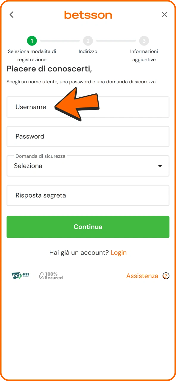 Crea un nome utente e una password per il tuo conto Betsson.