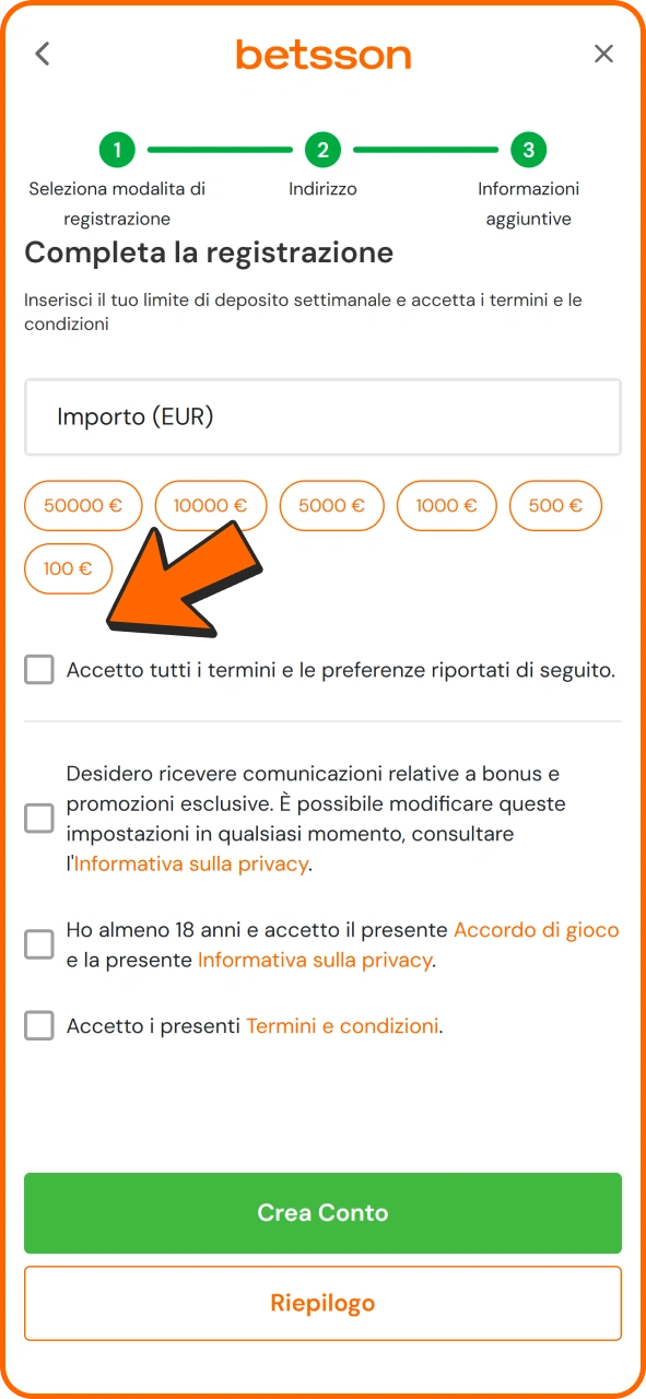 Seleziona tutte le caselle per registrarti su Betsson.