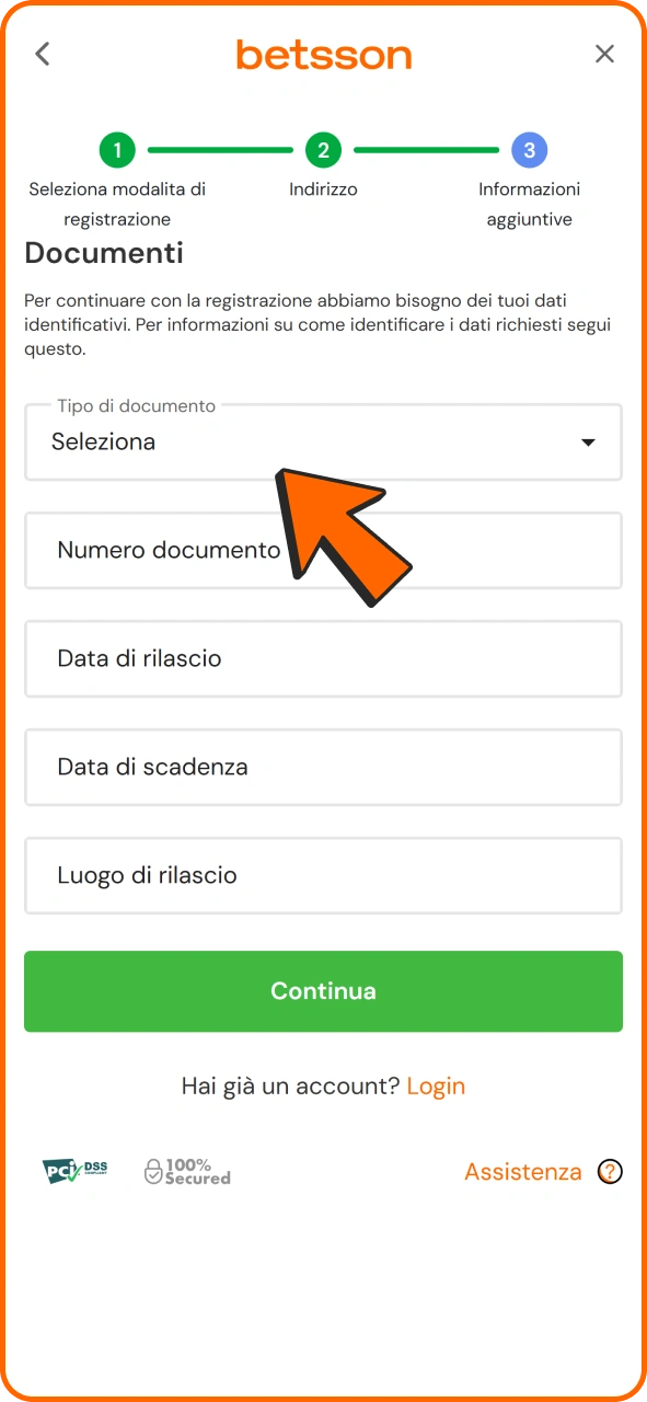Inserisci i tuoi dati di verifica per registrarti su Betsson.